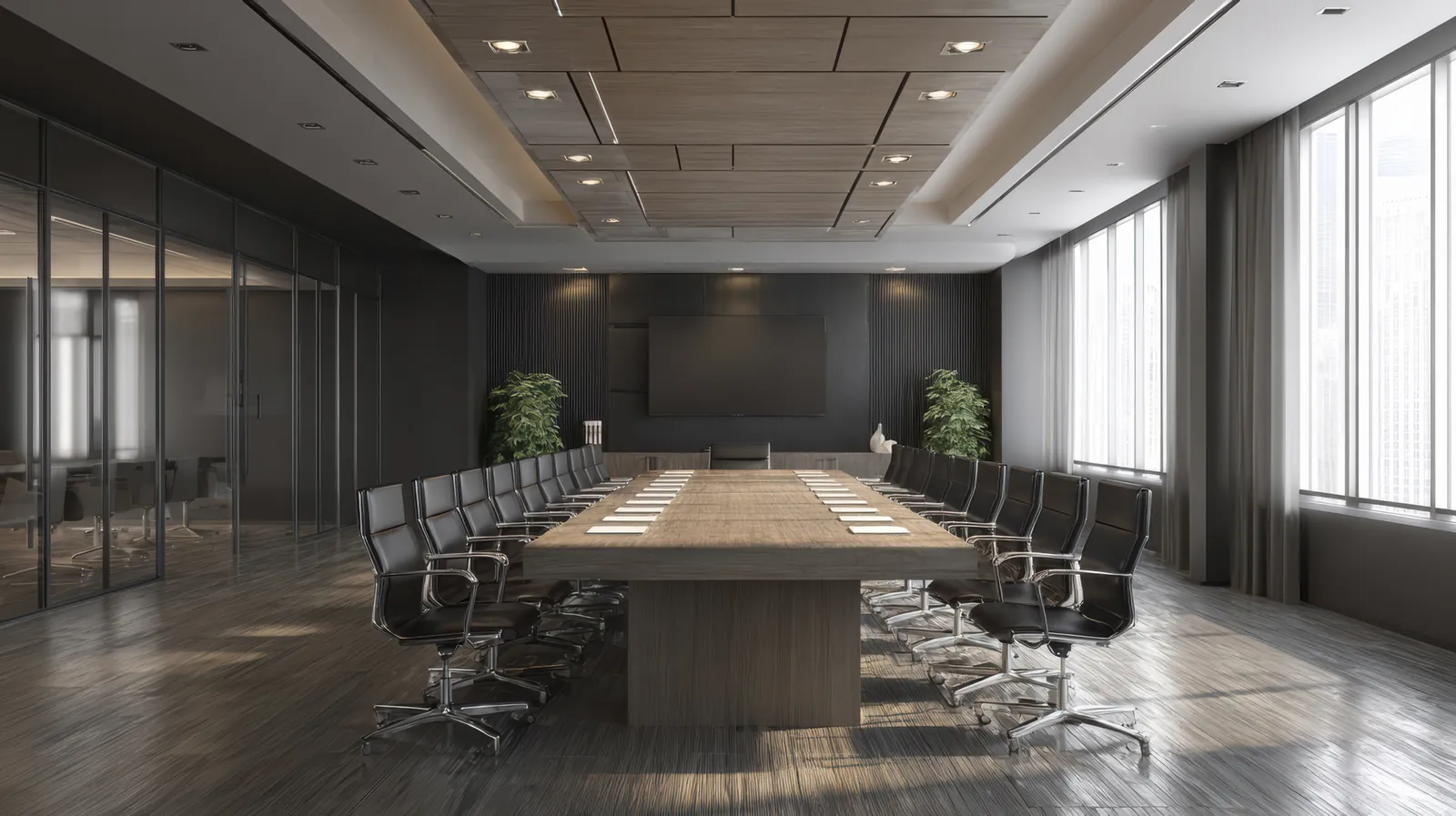 Sala de reunião corporativa com mesa longa de madeira e cadeiras pretas